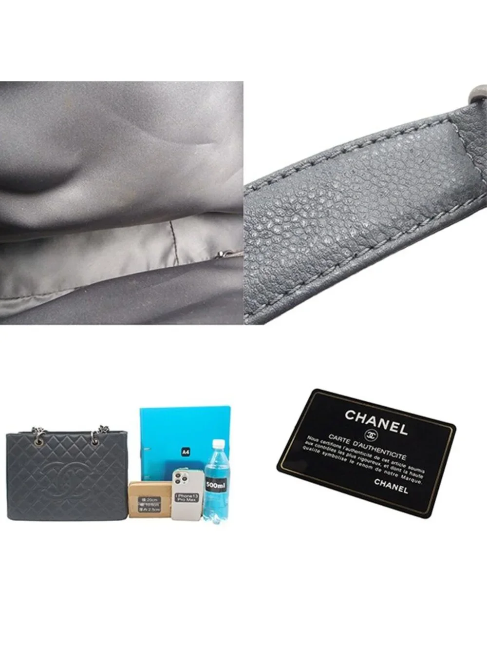 Chanel Grand Shopping Tote Bag GST Quilted Gray Silver Caviar Leather